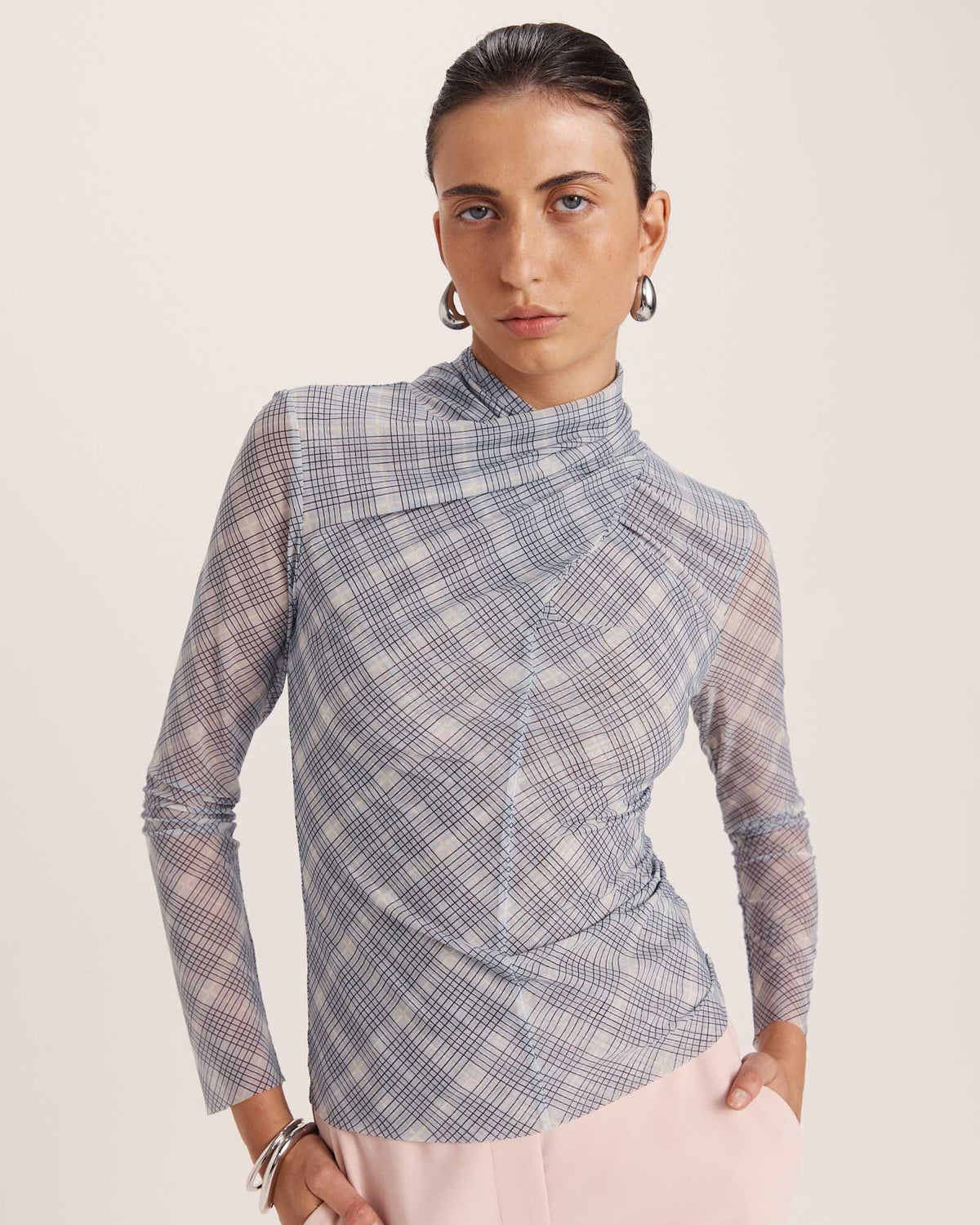 Astrid Check Mesh Long Sleeve Top